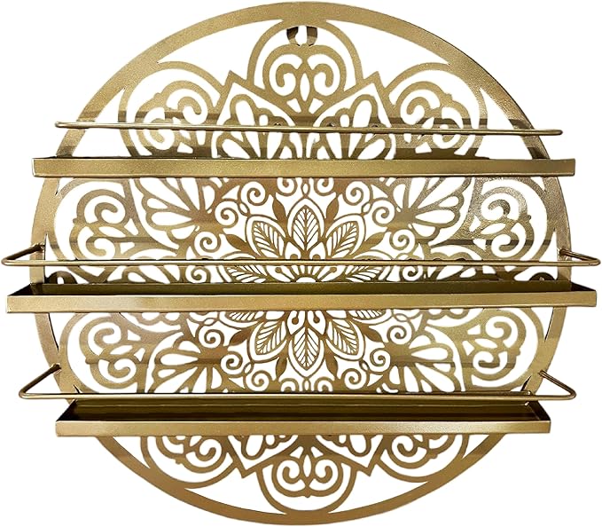 Mandala Shape Shelves, Essential Oil & Nail Polish Organizer - Display Holder Storage Shelf Spice Rack - Black or Gold - Wall Mounted Round Oil Bottle Storage, Cosmetics Display Rack (Gold)