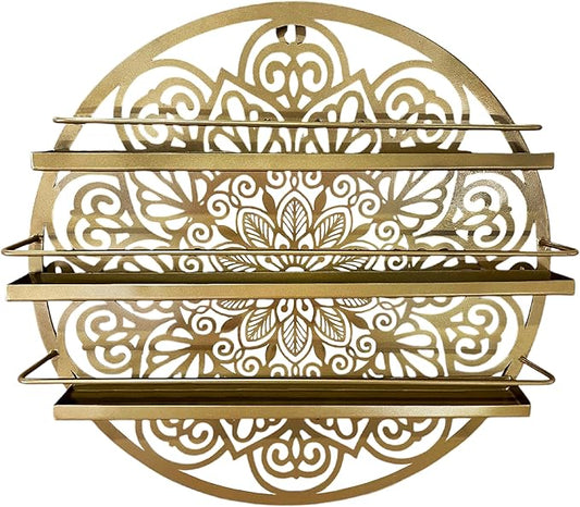 Mandala Shape Shelves, Essential Oil & Nail Polish Organizer - Display Holder Storage Shelf Spice Rack - Black or Gold - Wall Mounted Round Oil Bottle Storage, Cosmetics Display Rack (Gold)