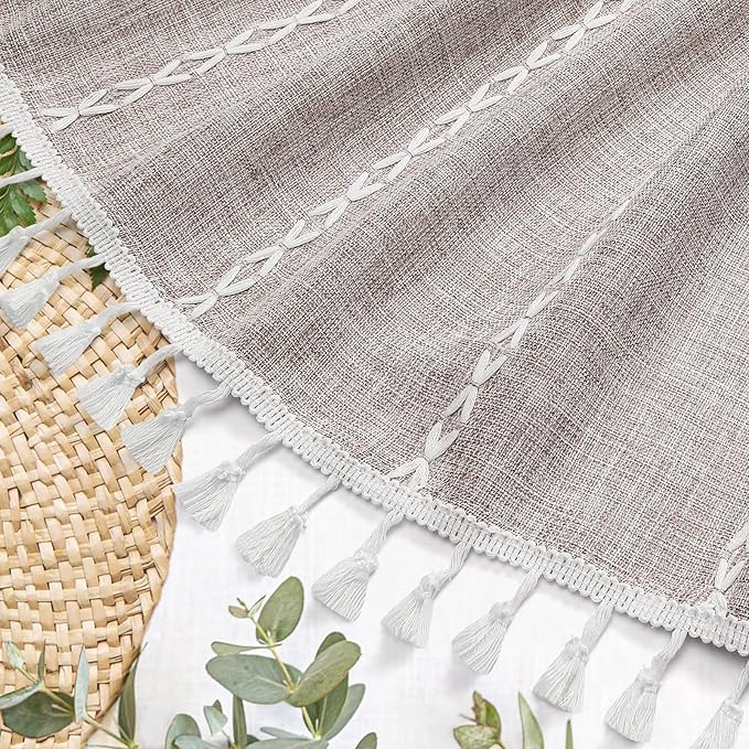 MitoVilla Boho Extra Long Shower Curtain 72 x 96, Taupe Grey Modern Farmhouse 96 inch XL Polyester Linen Texture Tassel Fabric Shower Curtain Set with Hooks for Cottagecore Country Bathroom Decor