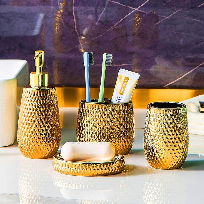 Gold Bathroom Accessory Set 4 Piece Ceramic Bath Accessories Sets Complete, Rain- Drop Shaped Bathroom Essential with Toothbrush Holder & Dish, Tumbler, Soap Dispenser Set for Bath Decor
