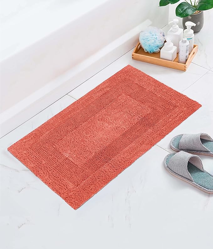 COTTON CRAFT Luxurious Bath Mat Rug - Set of 2 Reversible Heavyweight Step Out Bath Mats for Bathroom Floor, Tub and Shower - Pure Cotton Soft Plush Absorbent Tufted Racetrack Mat - 17 x 24 in - Coral