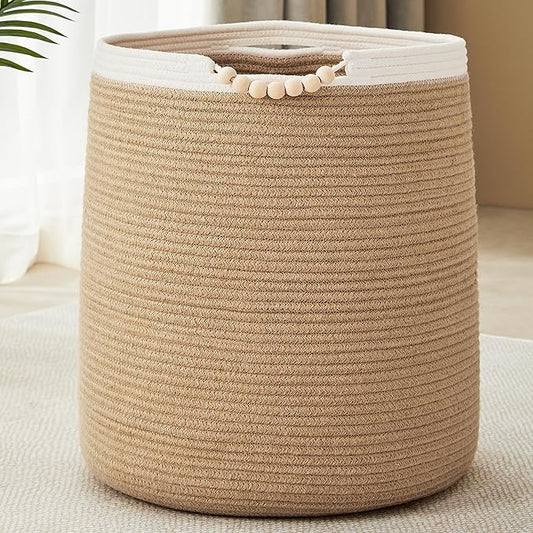 65L Woven Jute Laundry Hamper Basket for Clothes Boho Wicker Rope Baskets for Blanket in Living Room Bedroom Baby Nursery Hamper Bin for Kids 16"Wide 19"Tall