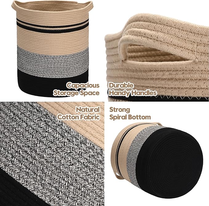Sea Team Large Size Cotton Rope Woven Storage Basket with Handles, Laundry Hamper, Fabric Bucket, Drum, Clothes Blankets Organizer for Kid's Room, 18 x 20 inches, Round Open Design, Flaxen & Black
