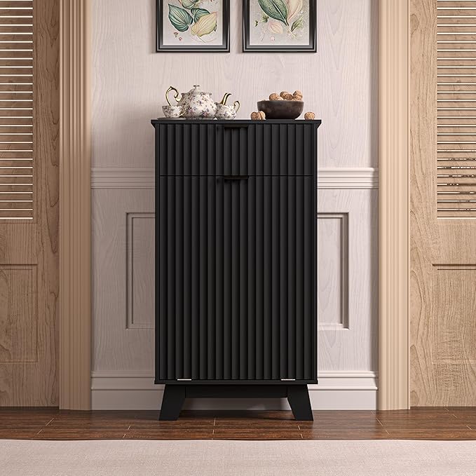 Wodeer Tilt Out Laundry Hamper Cabinet with Storage and Drawer, 10 Gallon Fluted Hidden Trash Can Cabinet, Farmhouse Wood Laundry Basket Cabinets for Bathroom, Kitchen, Black