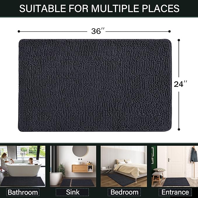 LOCHAS Luxury Bathroom Rug Shaggy Bath Mat 24 x 36 Inch, Washable Non Slip Bath Rugs for Bathroom Shower, Soft Plush Chenille Absorbent Carpets Mats, Dark Grey