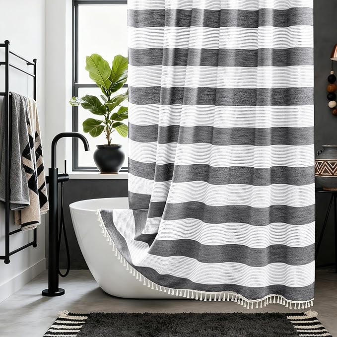 Black and White Farmhouse Thick Shower Curtain with Tassels, 350GSM Cotton Linen Soft Fabric Shower Curtain Boho Chic, 72 x 72 Inch Vintage Striped Heavyweight Bathroom Curtain Water-Repellent