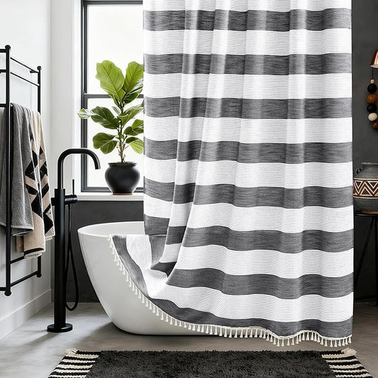 Black and White Farmhouse Thick Shower Curtain with Tassels, 350GSM Cotton Linen Soft Fabric Shower Curtain Boho Chic, 72 x 72 Inch Vintage Striped Heavyweight Bathroom Curtain Water-Repellent