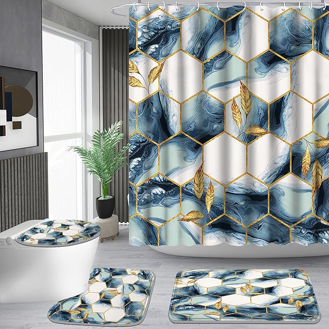 Poedist Shower Curtain Set with Rugs,Bathroom Accessory Set, Including Non-Slip Rugs,Toilet Lid Cover and Bath Mat, Waterproof Shower Curtain with 12 Hooks,Grey and White Honeycomb Marble