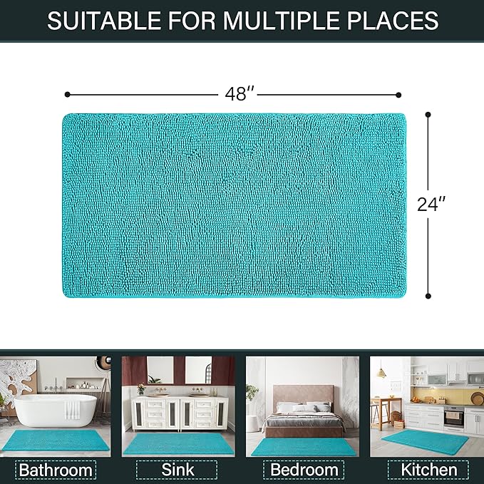 LOCHAS Luxury Bathroom Rug Shaggy Bath Mat 24 x 48 Inch, Washable Non Slip Bath Rugs for Bathroom Shower, Soft Plush Chenille Absorbent Carpets Mats, Teal Blue