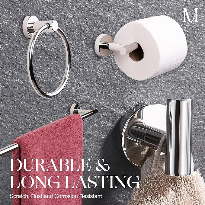 MARMOLUX ACC Bathroom Hardware Set Towel Racks 4 Pieces Hand Towel Ring Holder-Toilet Paper Holder-Towel Hook-Towel Bar Heavy Duty Wall Mount Bathroom Accessories SUS 304 Stainless Steel Mirror Finish