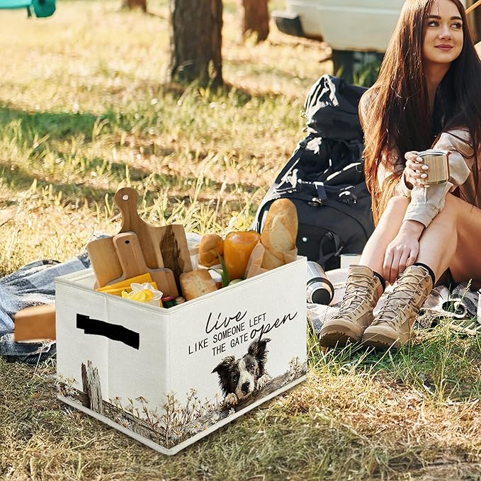 Border Collie Gifts Storage Bins with Handles, Rustic Farmhouse Dog Foldable Basket for Organizing, Live Like Someone Left the Gate Open Collapsible Storage Basket for Bedroom Bathroom