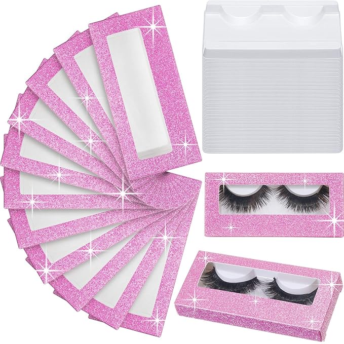 Maitys 100 Pieces Empty Eyelash Case Set, 50 Empty Eyelash Boxes and 50 Storage Trays Bulk Glitter Packaging Boxes for Travel Carry(Pink)