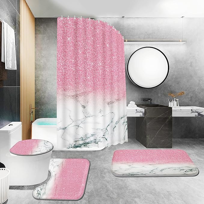 4 Piece Bathroom Shower Curtain Set with Rugs, Pink Marble Shower Curtain Sets with 12 Hooks, Non Slip Bath Mat, U-Shaped Floor Mat and Toilet Lid Oval Rug for Bathroom Set Decor