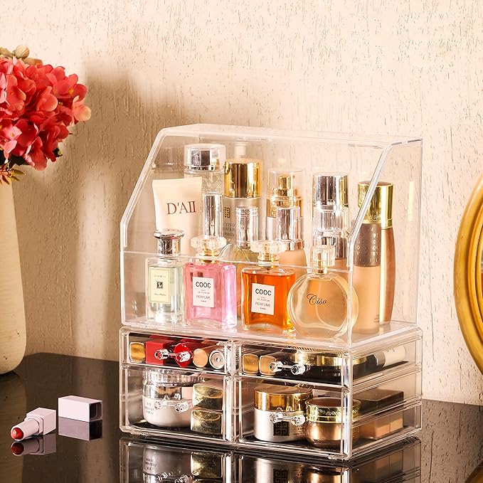 Celar Makeup Organizer With With Lid,Dustproof Waterproof Design Make up Organizer for Bathroom Countertop,4 Drawers Acrylic Skincare and Cosmetic Storage for Vanity Countertop,Dresser Top Organizer
