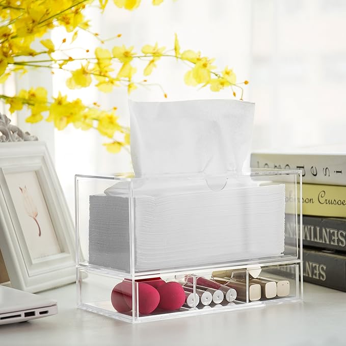 MyGift Modern Clear Acrylic Facial Tissue Dispenser Holder with Pull-Out Drawer for Makeup Cosmetics and Accessories, Vanity Countertop Bathroom Supplies Caddy