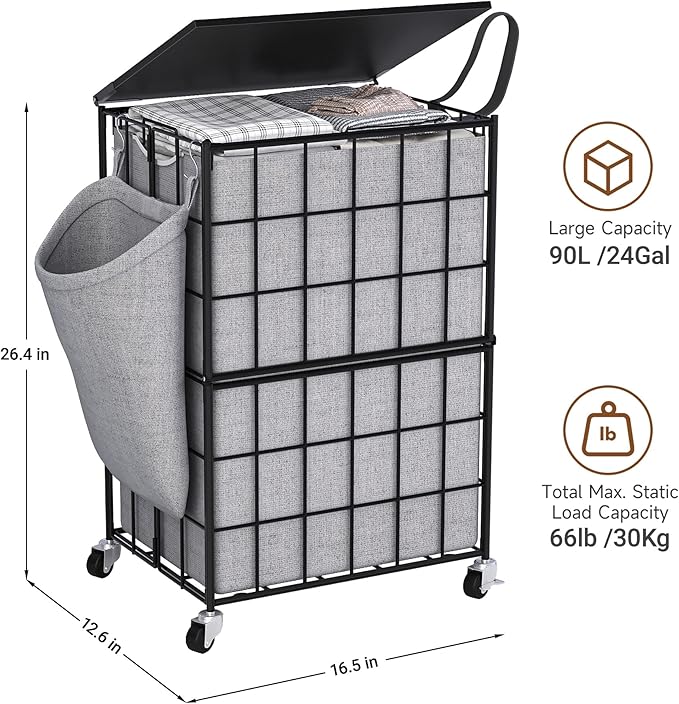 90L Laundry Basket with Wheels, Large Capacity Laundry Hamper with Removable Liner Bags, Heavy Duty Laundry Sorter with Solid Wood Lid & Leather Handles, Grey