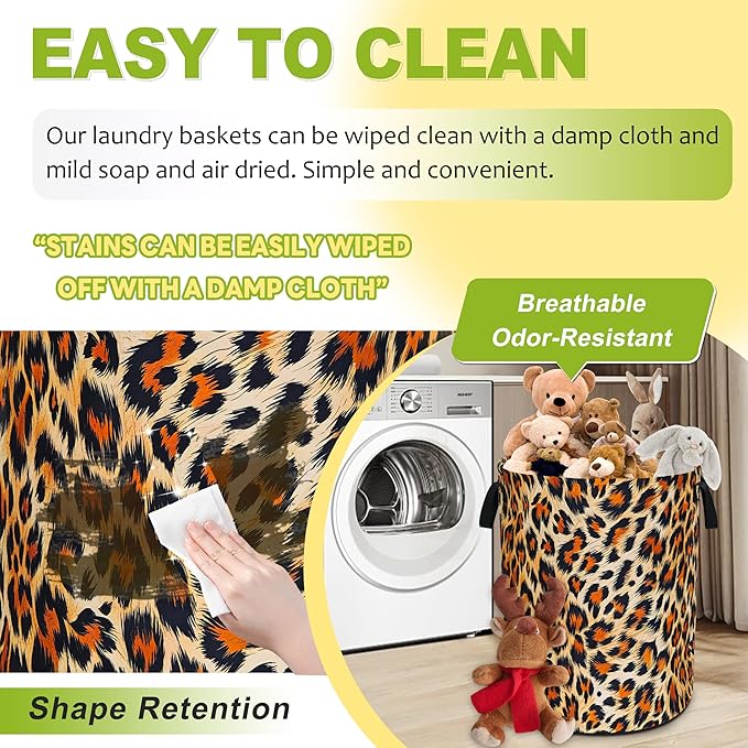 Brown Black Leopard Print Laundry Basket Funny Foldable Waterproof Oxford Cloth Tote Bag Laundry Hamper Large Clothes Storage Bucket Toy Organizer For Bathroom/Laundry Storage/Bedroom 18.9x16.5 Inch