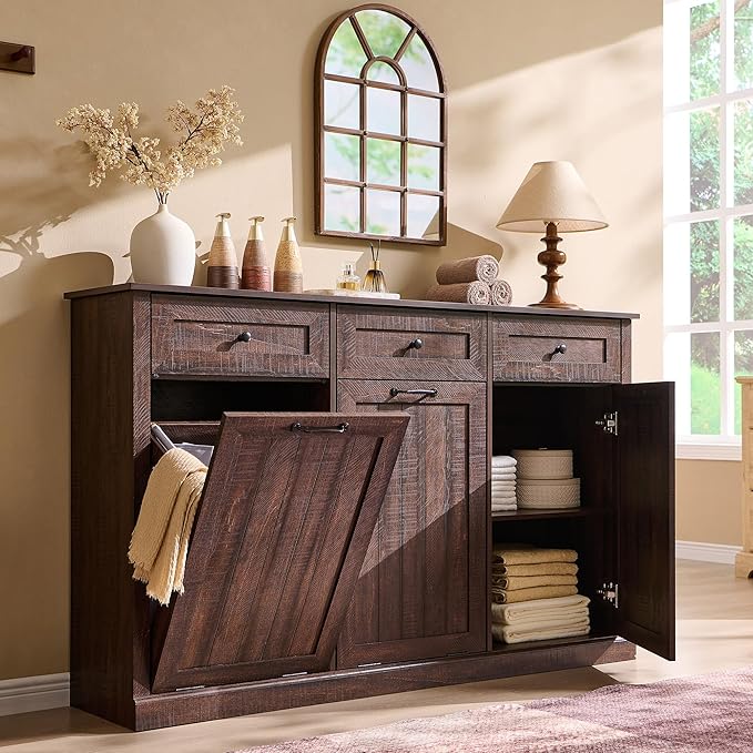 IFBUY Triple Tilt Out Laundry Hamper Cabinet, 20 Gallon Farmhouse Trash Can Cabinet w/Drawer & Adjustable Shelf, Hidden Garbage Can Bin Cabinets w/Laundry Basket for Bathroom, Kitchen (Brown)