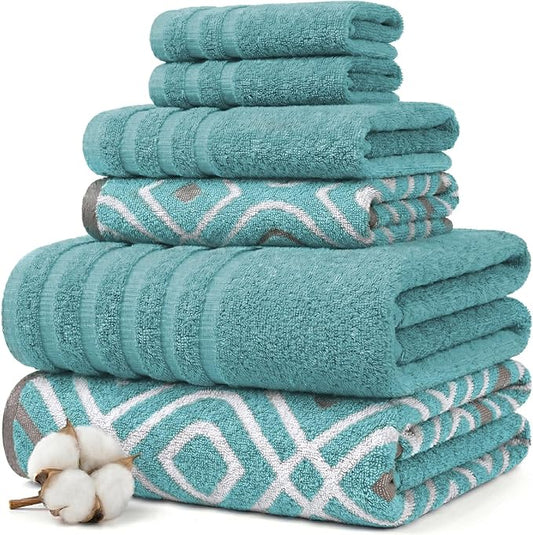 Modern Threads Classic Diamond 6-Piece 100% Cotton Towel Set – Yarn Dyed Jacquard – Includes 2 Bath Towels, 2 Hand Towels, 2 Washcloths – Absorbent, Quick Dry, Soft & Durable – Aqua