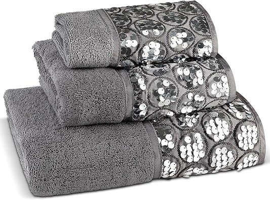 Zahari Home Sinatra Modern Bathroom Towel Set 3 Piece Towel Bath Towel, Hand Towel and Wash Towel Luxury Contemporary Decor Bling Silver Bath Towel Sets Soft, Plush and Highly Absorbent