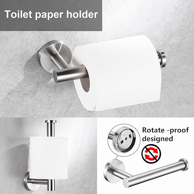 5 Pieces Brushed Nickel Bathroom Hardware Set Include 16inch Towel Bar,2pcsTowel Hooks,Toilet Paper Holder,Hand Towel Ring Round SUS304 Stainless Steel Bathroom Accessories Set Heavy Duty Wall Mounted