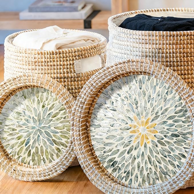 Laundry Hamper Basket with Lid - 2 Pack Natural Seagrass Handmade Storage Hamper, Removable Washable Liner, Storage Basket for Clothes Toys, Decorative Organizer for Bedroom, Bathroom, Living Room