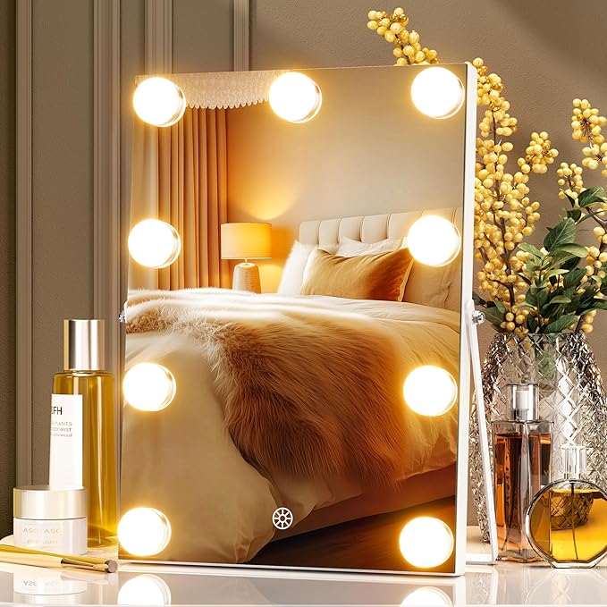 Hasipu Vanity Mirror with Lights, 9.8" x 13.8" Hollywood Mirror with 9 Dimmable Bulbs,Smart Touch 3 Color Modes, 360° Rotation, White