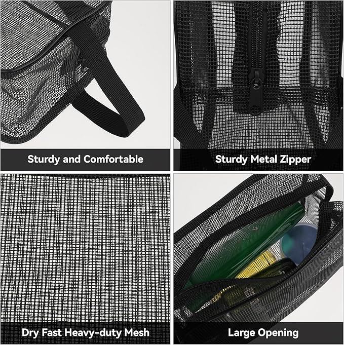 cobee Mesh Shower Bag, Portable Mesh Shower Caddy, Quick Dry Tote Bag with Zipper, Toiletry Organizer Bag for Gym Travel Camping Swimming Beach(Black)