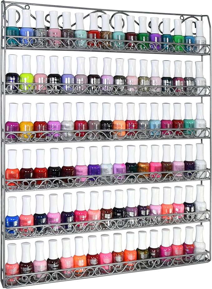 AMT Metal Nail Polish Racks for The Wall | Clear Nail Polish Display | Essential Oils Organizer | Holds up to 108 Bottles (Silver)