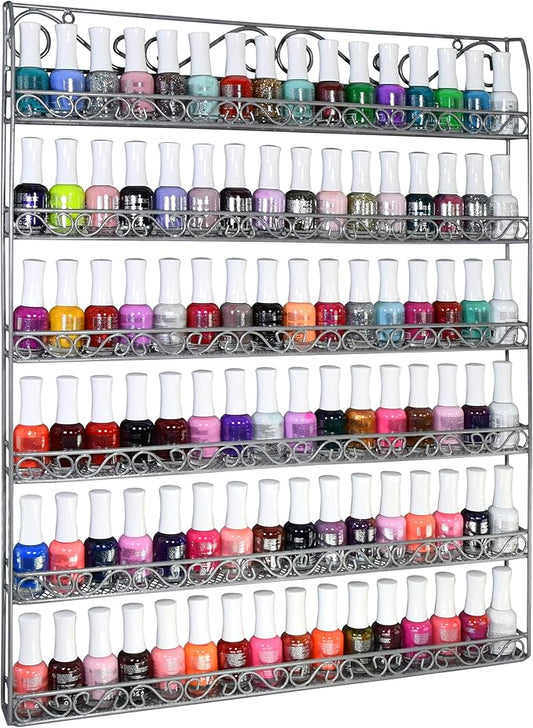 AMT Metal Nail Polish Racks for The Wall | Clear Nail Polish Display | Essential Oils Organizer | Holds up to 108 Bottles (Silver)
