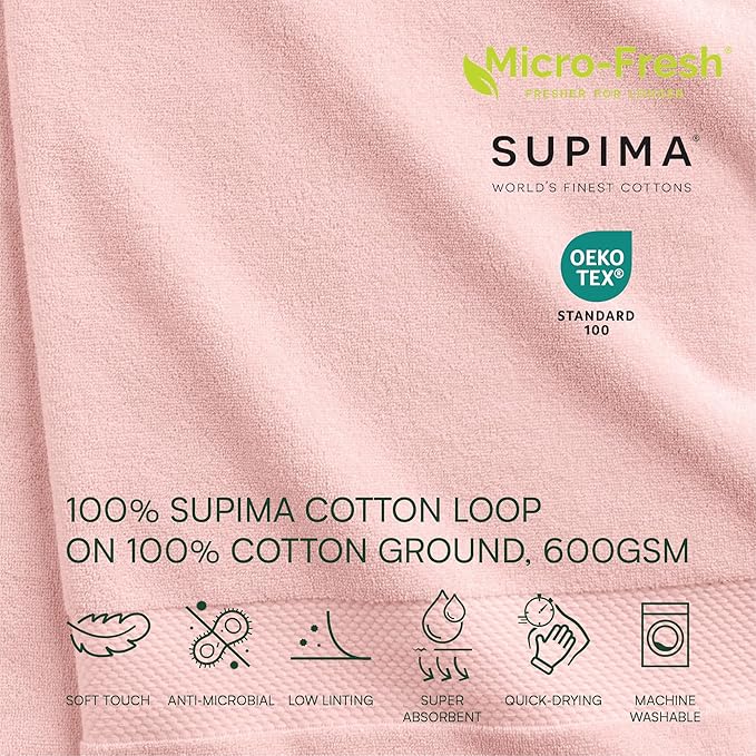Lacoste Heritage 100% Supima Cotton Hand Towel, Light Pink, 16" x 30" – Highly Absorbent & Quick Drying, Premium Super Soft Bath Towel, Bathroom Essential, Gift for All Occasions, Machine Washable