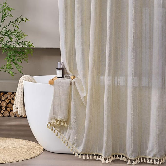 Neutral Linen Shower Curtain Beige Boho Shower Curtain for Bathroom Rustic Striped French Country Shabby Chic Shower Curtains, 72” x 72“