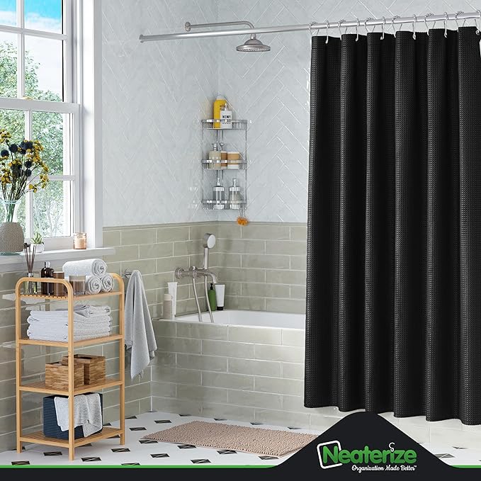 NEATERIZE Black Shower Curtain for Bathroom - Waffle Shower Curtain Hotel Style - 72x72 Inch Bathroom Curtain - Cortinas De Baño