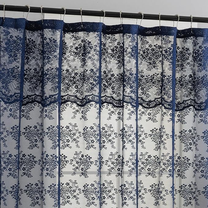 YJ YANJUN Navy Blue Shower Curtain with Attached Valance Vintage Floral Lace Shower Curtain for Bathroom Boho Feminine Scallop Edge Bathroom Curtains 1 Panel, 72 x 72 Inch Navy