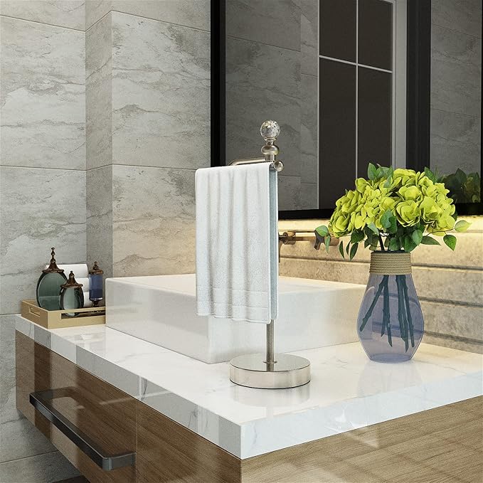 ROLABAM Heavy Weighted Hand Towel Holder with Crystal Ball - Stand, 15.7'' Tall, Brushed Nickel