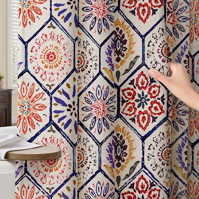 Boho Colorful Shower Curtain, Retro Bohemian Geometric Shower Curtain for Bathroom, Terracotta & Blue, 72 x 72