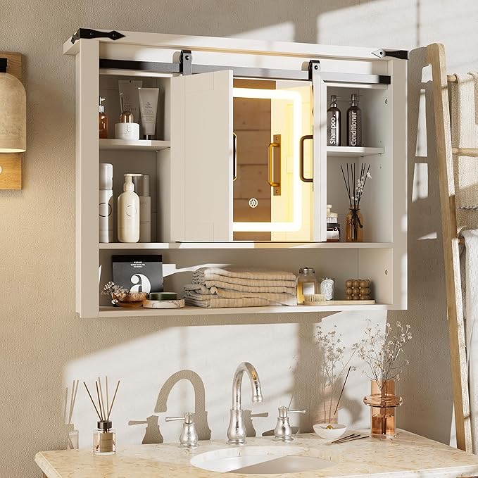 Bathroom Medicine Cabinet with Mirror, Wall Mounted Medicine Cabinet with Color Adjustment LED Lights, Mirrored Over The Toilet Storage Cabinet with Sliding Barn Door & 2 Adjustable Shelf,White