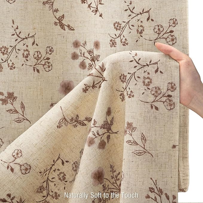 Brown Floral Farmhouse Vintage Linen Shower Curtain, French Country Shower Curtains for Bathroom, 72Wx72H