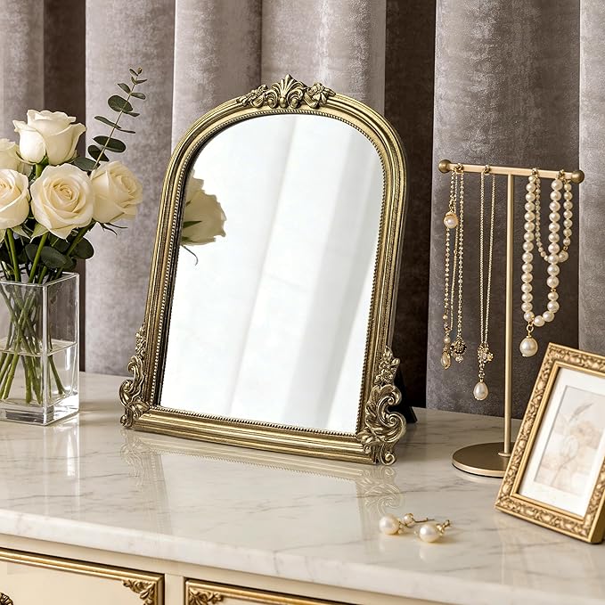 AELS 11.7"x10.8" Antique Gold Makeup Mirror, Vintage Arendahl Tabletop Vanity Mirror with Stand, Small Arched Mirror Wall Decor for Living Room Bedroom, Ornate Baroque Mirrors Luxury Home Decor