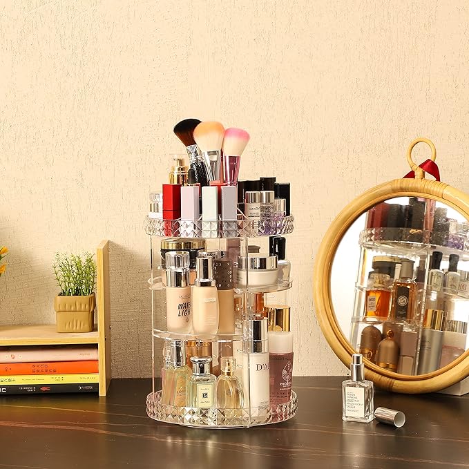 Cq acrylic Rotating Makeup Organizer,Adjustable Spinning Skincare Organizer for Vanity,Countertop,Clear Rotating Perfume Organizer,Bathroom Lazy Susan Organizers,Spin Beauty Product Storage Rack,1Pack