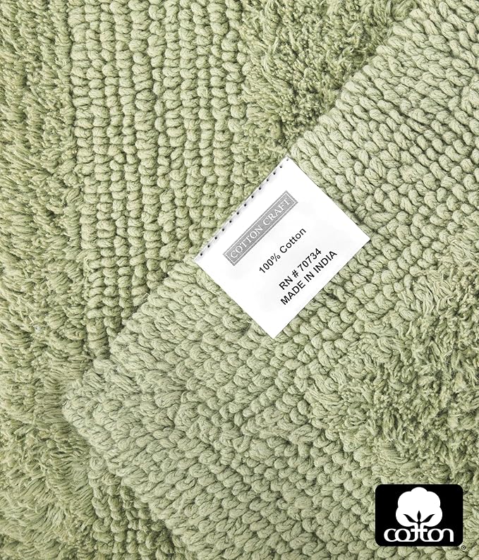 COTTON CRAFT Luxurious Bath Mat Rug - Set of 2 Reversible Heavyweight Step Out Bath Mats for Bathroom Floor, Tub and Shower - Pure Cotton Soft Plush Absorbent Tufted Racetrack Mat - 17x24 - Sage Green
