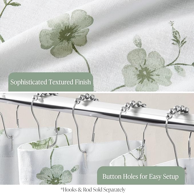Martha Stewart Martha's Garden Shower Curtain Botanical Floral Print Cotton Shower Curtain for Bathroom, Spa Quality Modern Shower Curtains Standard Size, 72x72 Sage Green