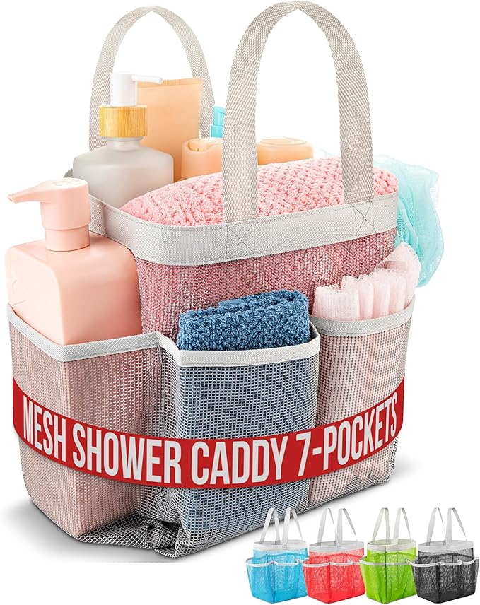 Handy Laundry Mesh Shower Caddy – 7 Pocket Portable Organizer Tote for College Dorm, Gym, Travel & Bathroom – Quick Dry, Collapsible, Lightweight Shower Bag with Handle (Gray)