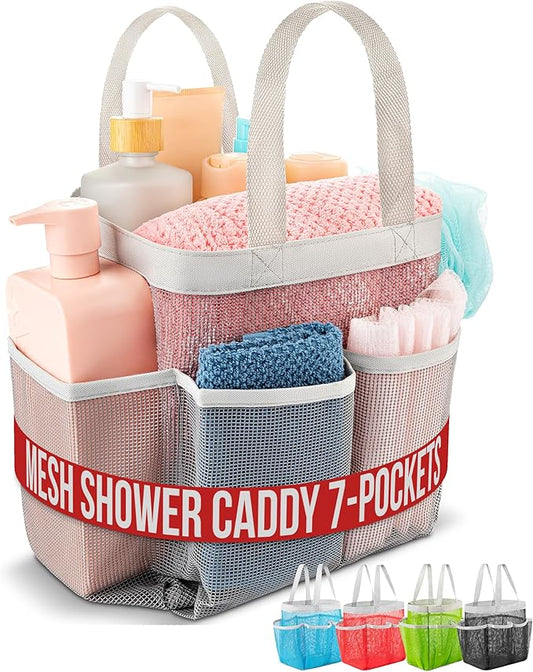 Handy Laundry Mesh Shower Caddy – 7 Pocket Portable Organizer Tote for College Dorm, Gym, Travel & Bathroom – Quick Dry, Collapsible, Lightweight Shower Bag with Handle (Gray)