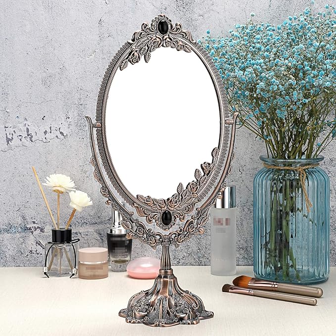 JUXYES Metal Tabletop Antique Decorative Makeup Mirror with Stand, Vintage Swivel Double Sided Cosmetic Mirror with Frame, Retro Desktop Oval Dressing Mirror for Bathroom Bedroom