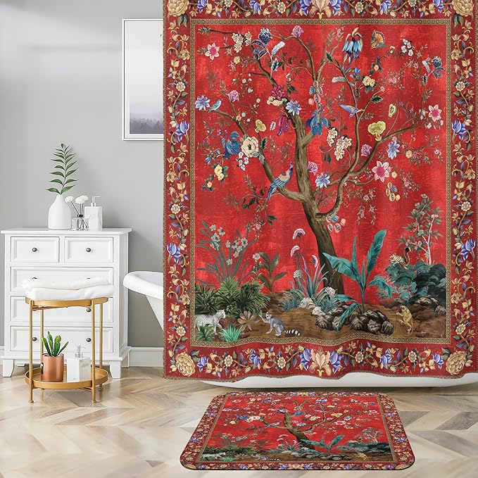 Shower Curtain Set with Non-Slip Quick Dry Rugs16 x 24" and Bathroom Colorful Boho Floral Print Waterproof Fabric Bath Shower Curtain 72" x 72"