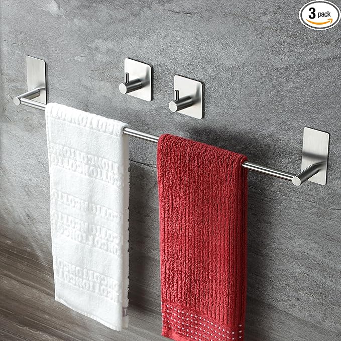 Taozun Towel Bar - 24 Inch Towel Holder with 2 Packs Adhesive Hooks, Hand Towel Rack Stick on Wall, Stainless Steel Bathroom Hardware Accessory Kit
