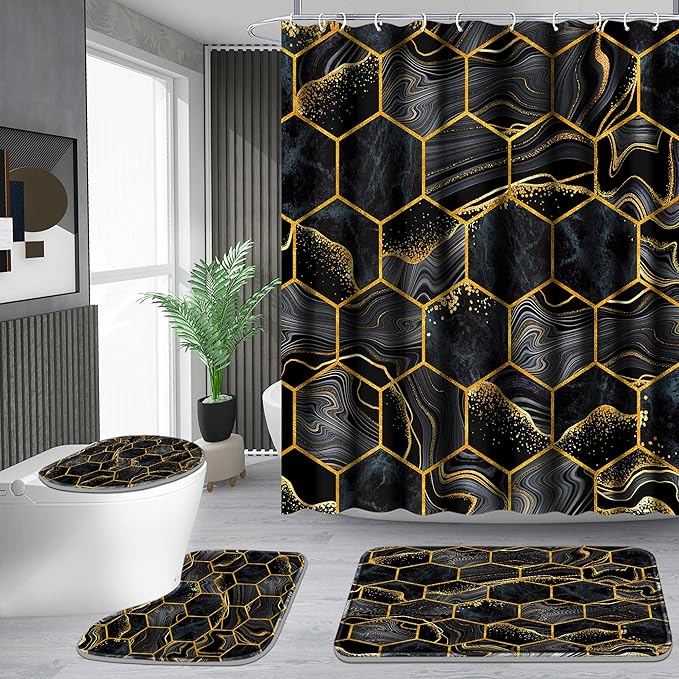 Poedist Shower Curtain Set with Rugs,Bathroom Accessory Set, Including Non-Slip Rugs,Toilet Lid Cover and Bath Mat, Waterproof Shower Curtain with 12 Hooks,Black
