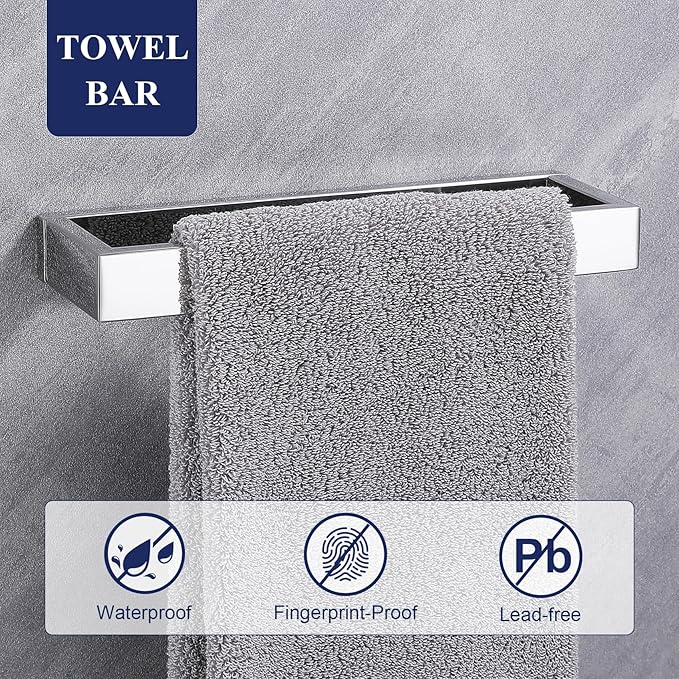 3 Pieces Polished Chrome Bathroom Hardware Accessories Set,SUS304 Stainless Steel Towel Holder Set Towel Holder Robe Hook Toilet Paper Holder Wall Mounted