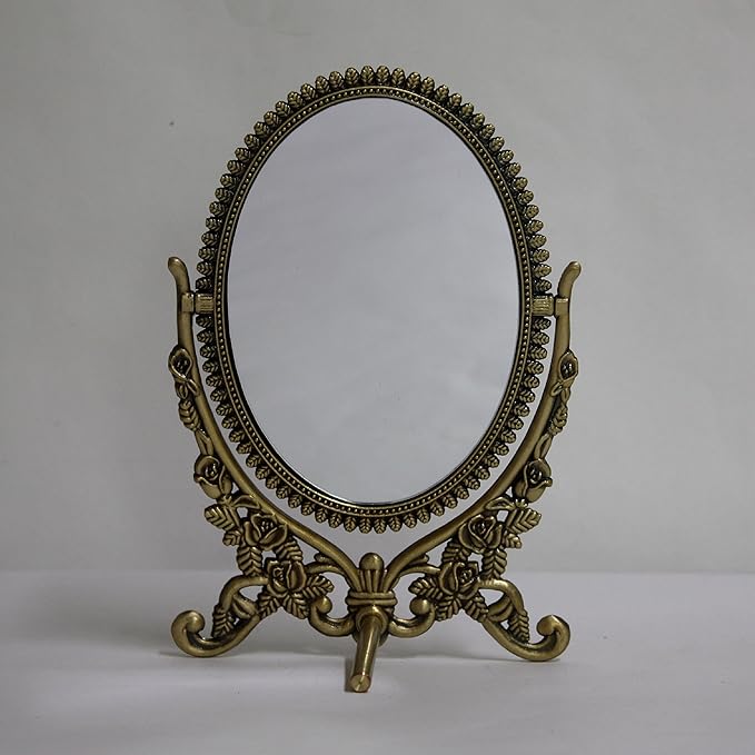 SEHAMANO Vintage Antique Embossed Roses Pattern Makeup Table Mirror, Decorative Oval Shaped Stand Mirror, Vanity Cosmetic Double Sided Rotatable Ellipse Metal Frame Mirror (Brass (Matt Gold), Medium)